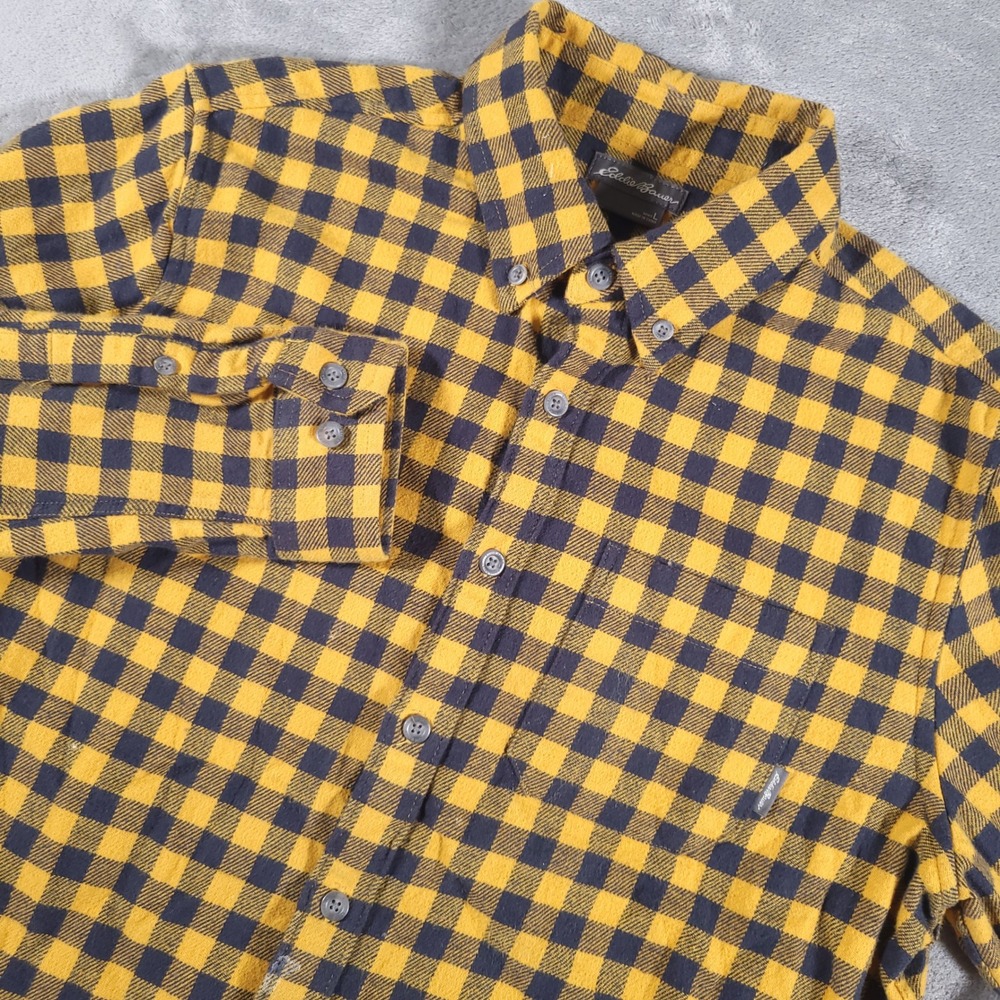 Eddie Bauer Flannel Shirt Mens Plaid Yellow Black‎ Large EM31LW202 Regular